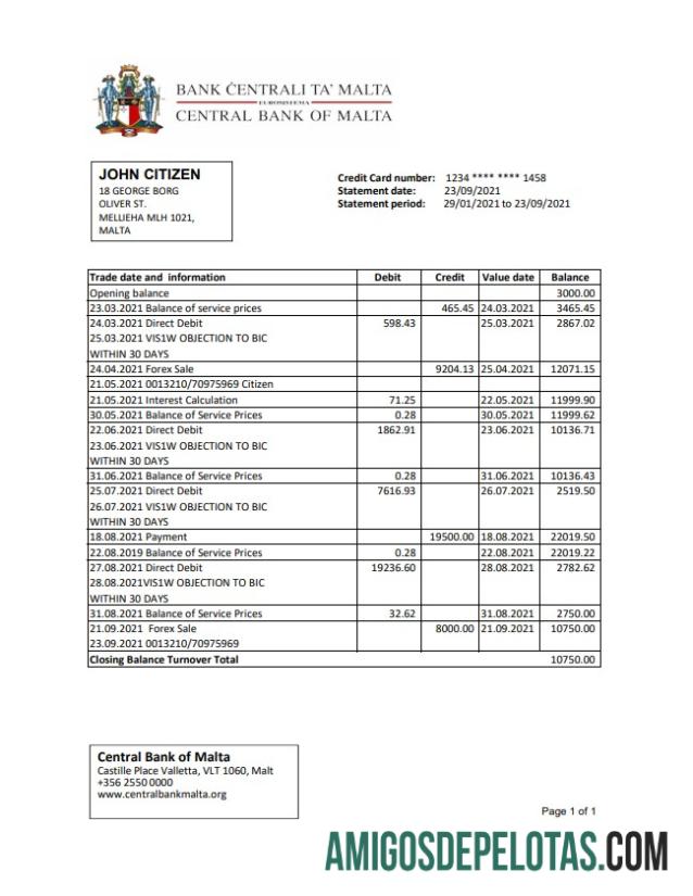 Extrato bancário do Banco Central de Malta em branco, modelo fácil de preencher em formato Excel e PDF
